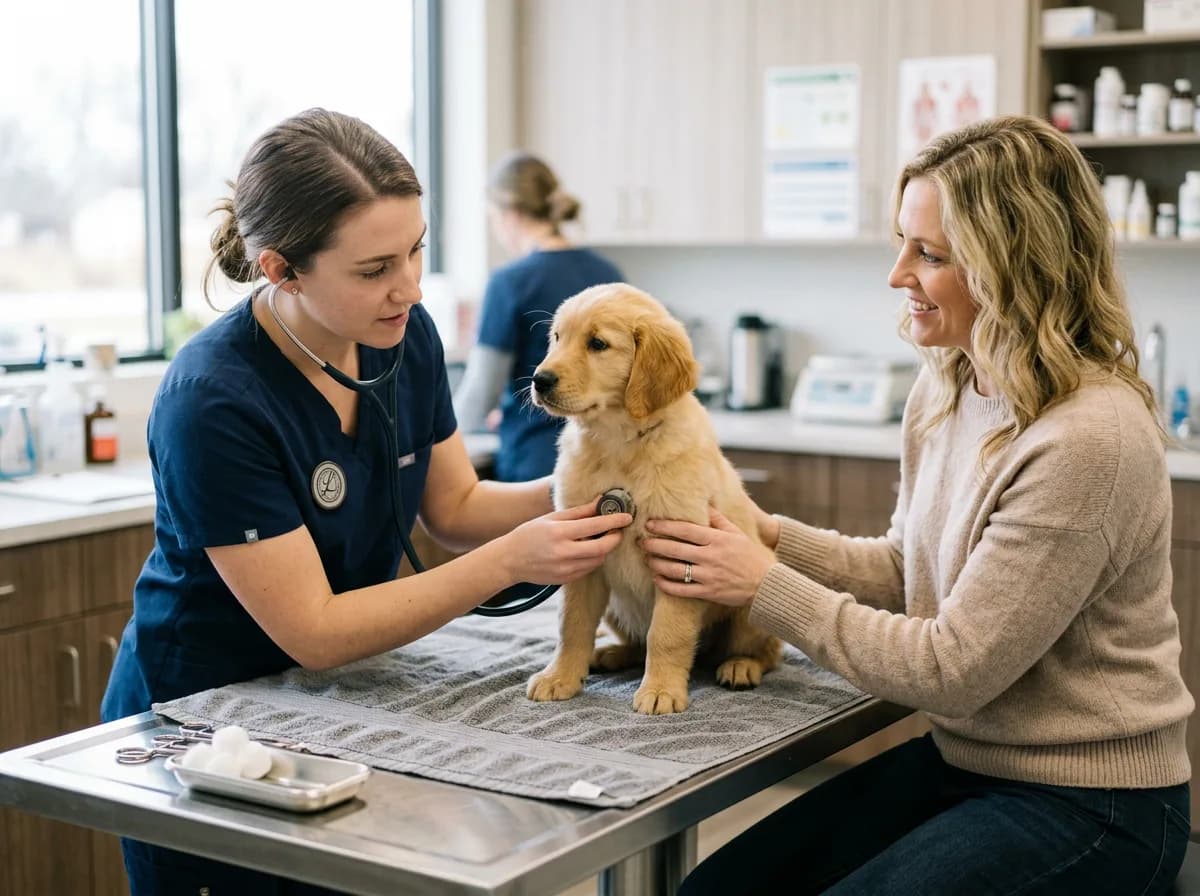 A young golden puppy sitting calmly on an exam table while a veterinarian listens with a stethoscope and the owner steadies the puppy, a bright modern clinic in the background