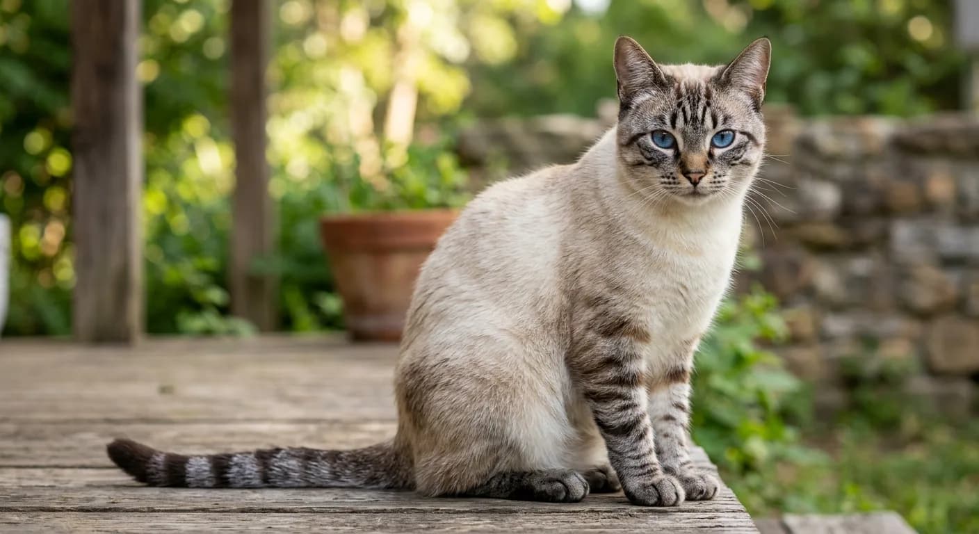 A seal lynx point Siamese cat with a cream body and dark brown tabby-striped points, an M marking on the forehead, banded legs, and blue eyes