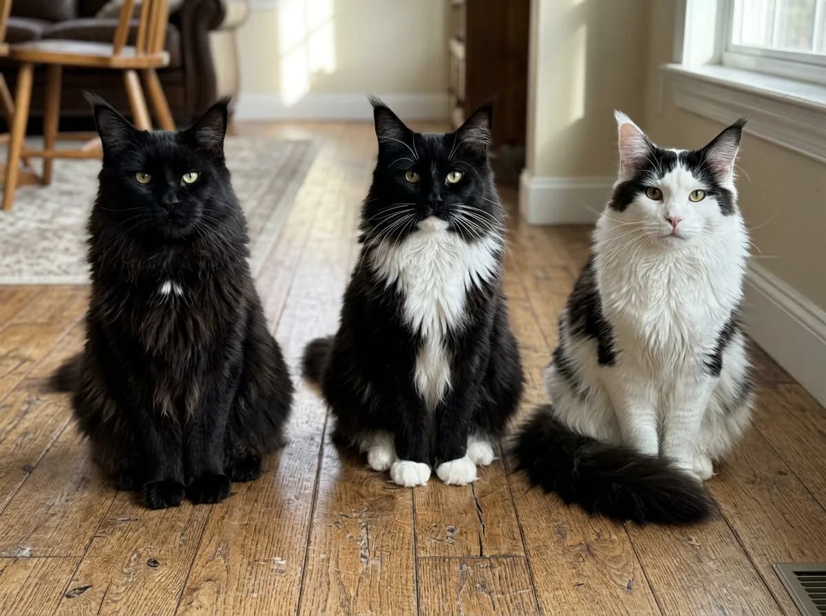 Three black and white Maine Coons side by side showing different white-spotting grades: a mostly-black cat with a small white chest locket, a mid-grade tuxedo with white chest and paws, and a high-grade mostly-white cat with black patches
