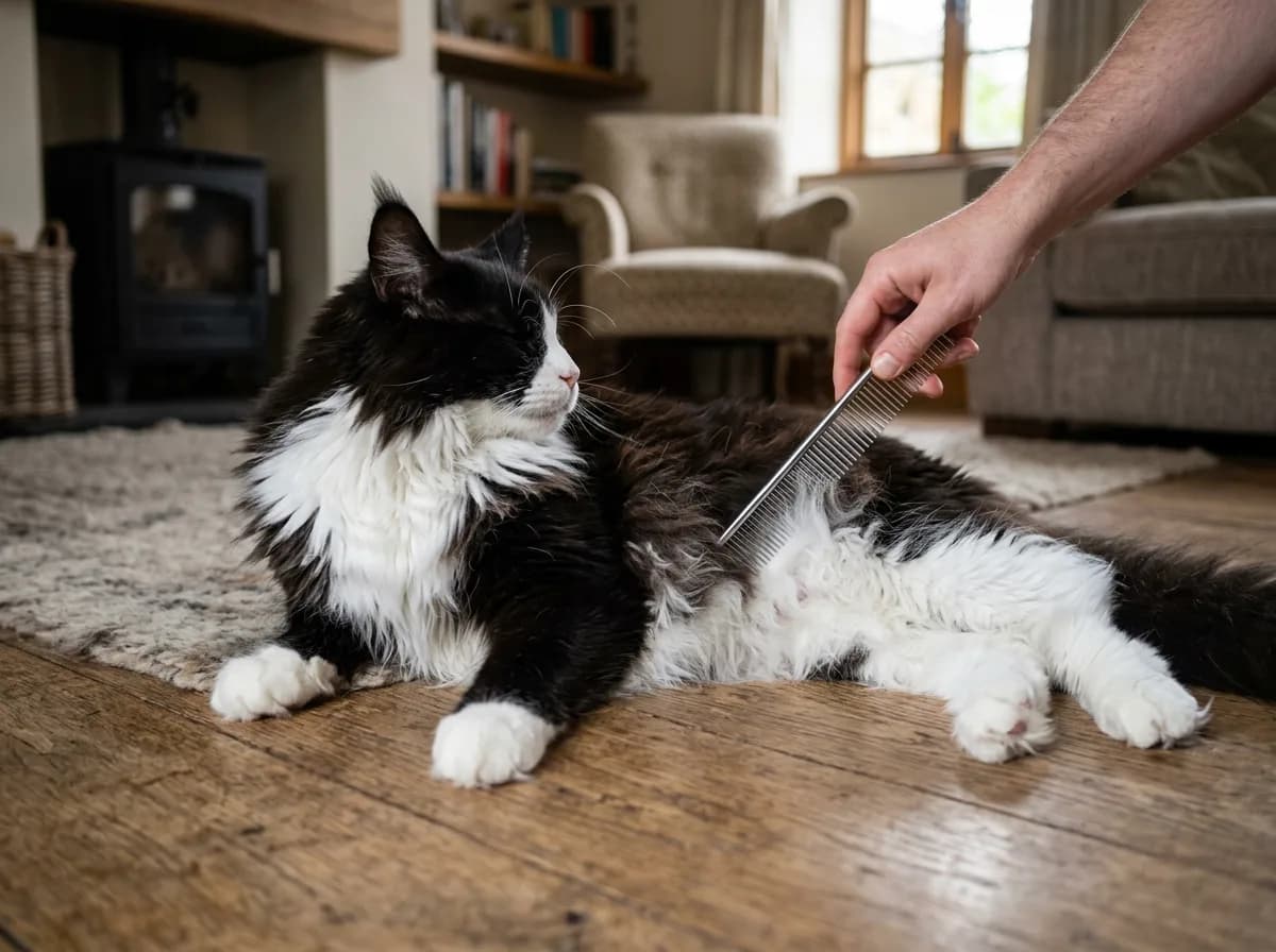 A black-and-white tuxedo Maine Coon being brushed with a metal comb, a hand visible holding the comb, showing the long belly and britches fur and full neck ruff during a grooming session