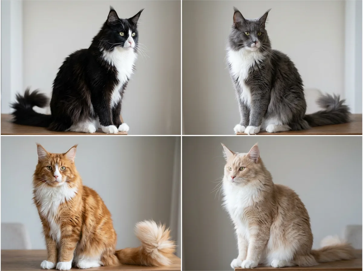 Four tuxedo-patterned Maine Coons in different base colors arranged in a grid: classic black-and-white, blue-grey-and-white, red-and-white, and cream-and-white, each a large longhair with a white chest and paws