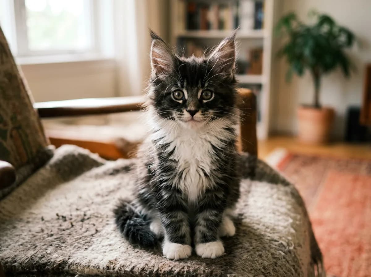 A fluffy black-and-white tuxedo Maine Coon kitten with a white chest and paws, oversized ears, and developing ear tufts, sitting on a chair and looking at the camera