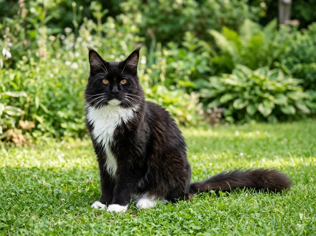 A black-and-white tuxedo Maine Coon sitting calmly outdoors on green grass, showing a common, healthy bicolor coat in natural daylight