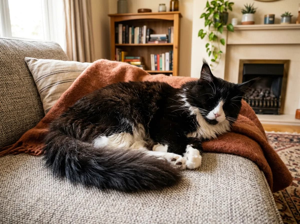 A black-and-white tuxedo Maine Coon-type cat resting comfortably on a couch in a cozy home setting, representing a rescued or adopted adult cat