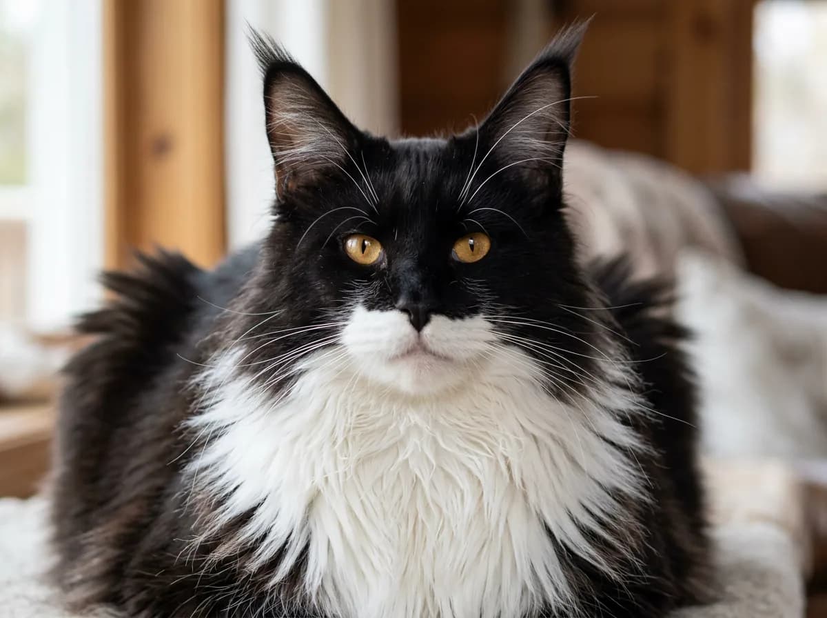 Close-up of a black-and-white tuxedo Maine Coon's head and shoulders showing the white chest ruff, tall lynx-tipped ear tufts, and feathered fur along the black jacket edge