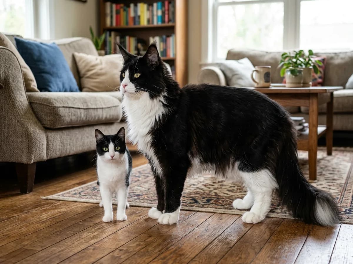 A very large tuxedo Maine Coon with a white chest and paws standing next to a small average-sized domestic cat for scale, towering over it and showing the breed's substantial length, height, and plumed tail