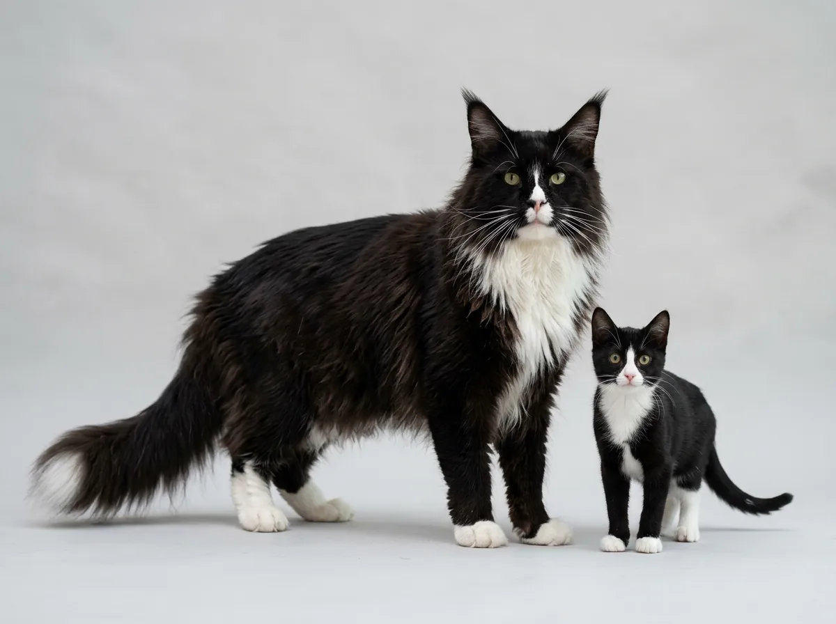 Side-by-side contrast of a large tuxedo Maine Coon with prominent ear tufts and a heavy neck ruff next to a much smaller plain short-haired tuxedo domestic cat, highlighting the size and feature differences