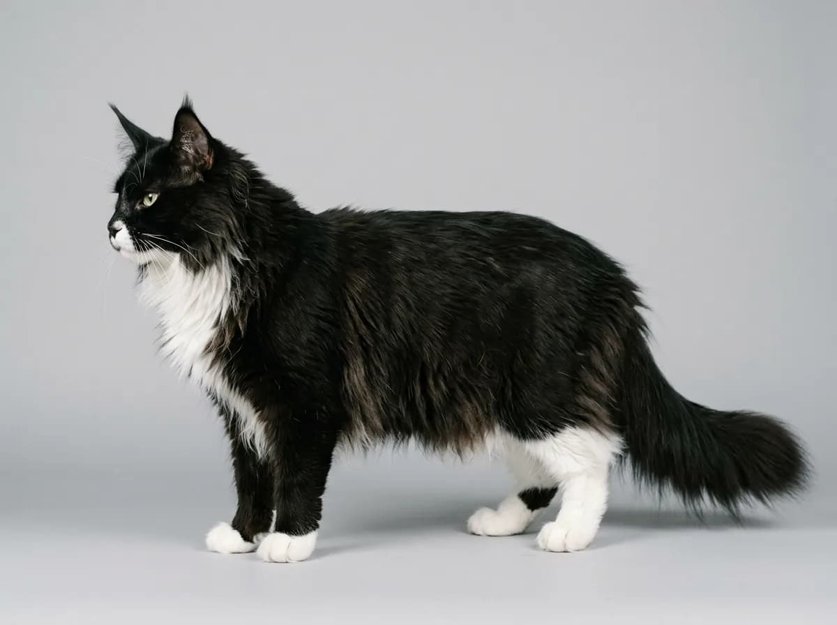 A black-and-white tuxedo Maine Coon photographed from the side showing the solid black jacket over the back and head and the white spotting on the chest, belly, and paws