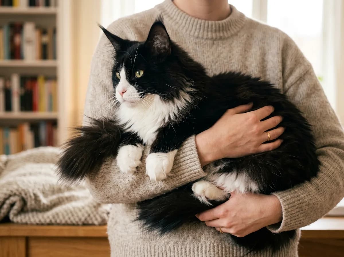 A friendly black-and-white tuxedo Maine Coon being held against a person's chest, illustrating the breed's people-oriented, dog-like temperament, no face shown