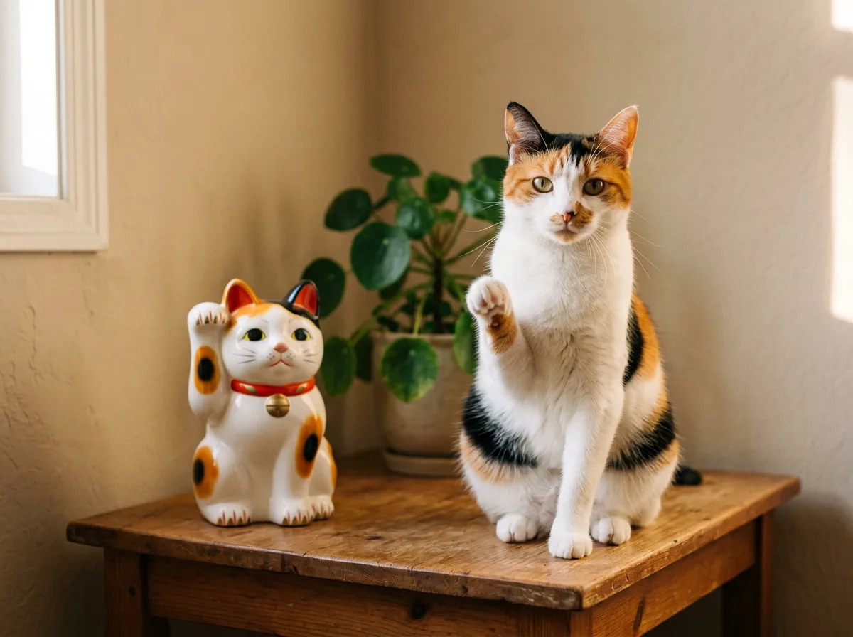 Calico cat raising a paw beside a ceramic maneki-neko beckoning cat figurine on a wooden table