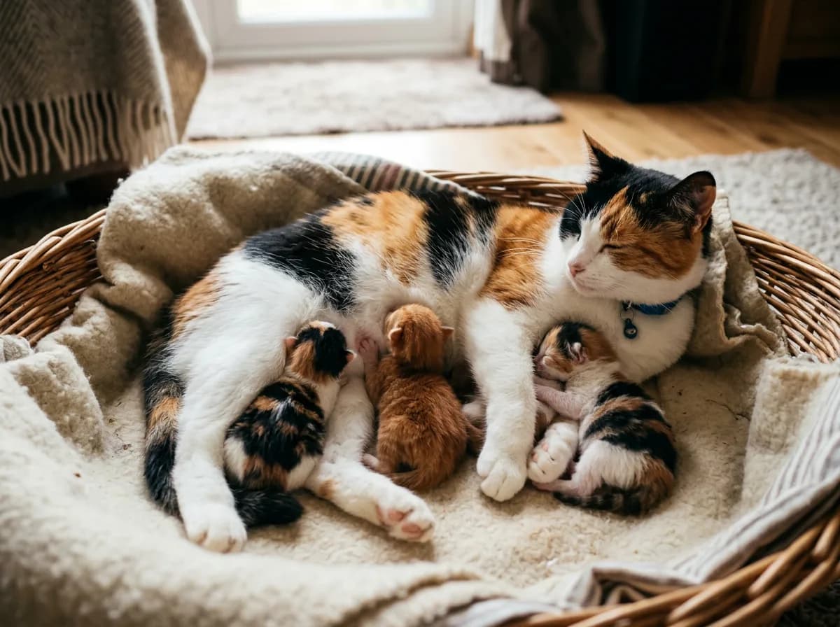 Calico mother cat nursing a litter of calico and orange kittens in a blanket-lined basket