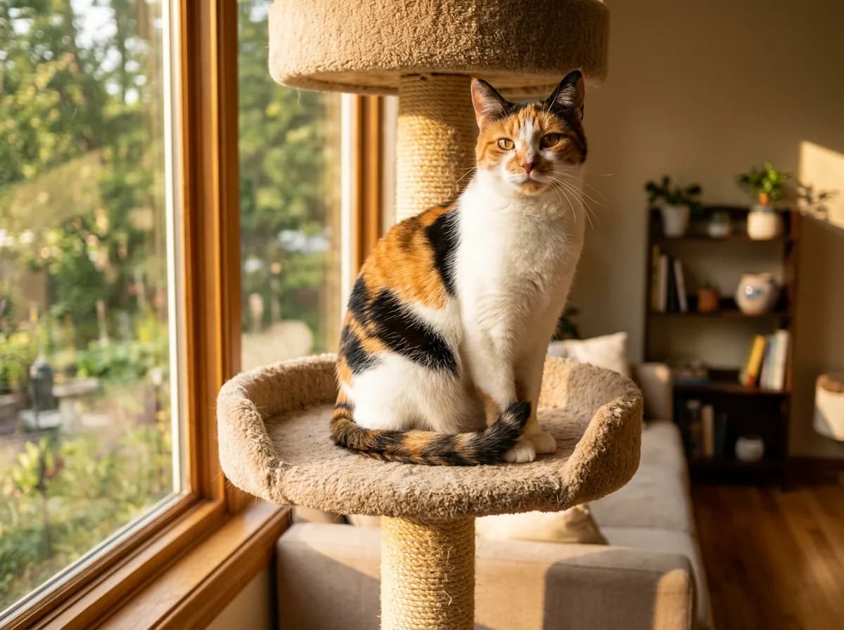 Male calico cat perched on a carpeted cat tree beside a sunny window showing orange and black patches over white fur