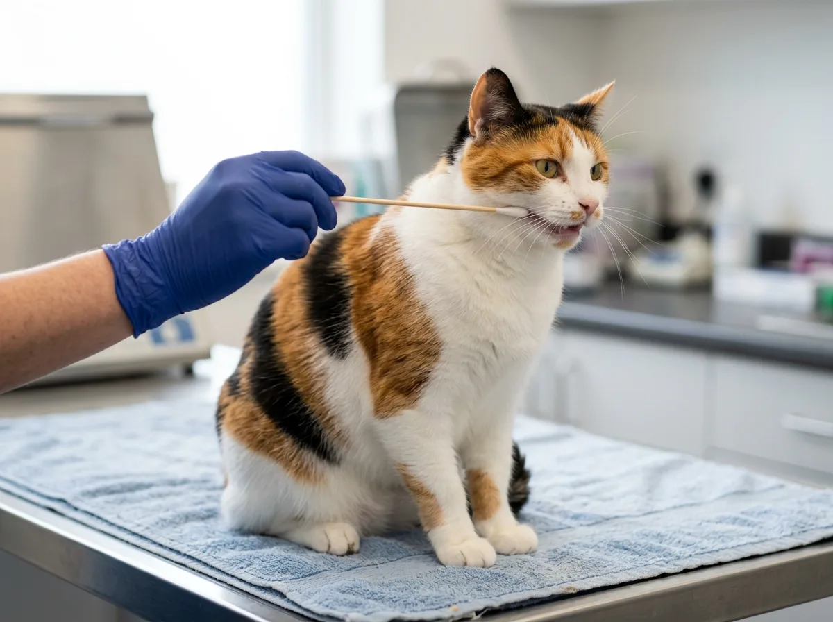 Gloved hand collecting a cheek swab DNA sample from a calm calico cat on a clinic table
