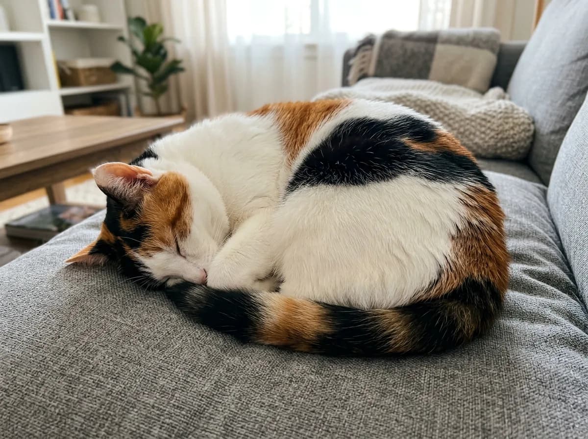 Neutered male calico cat sleeping curled up on a gray sofa cushion in a living room