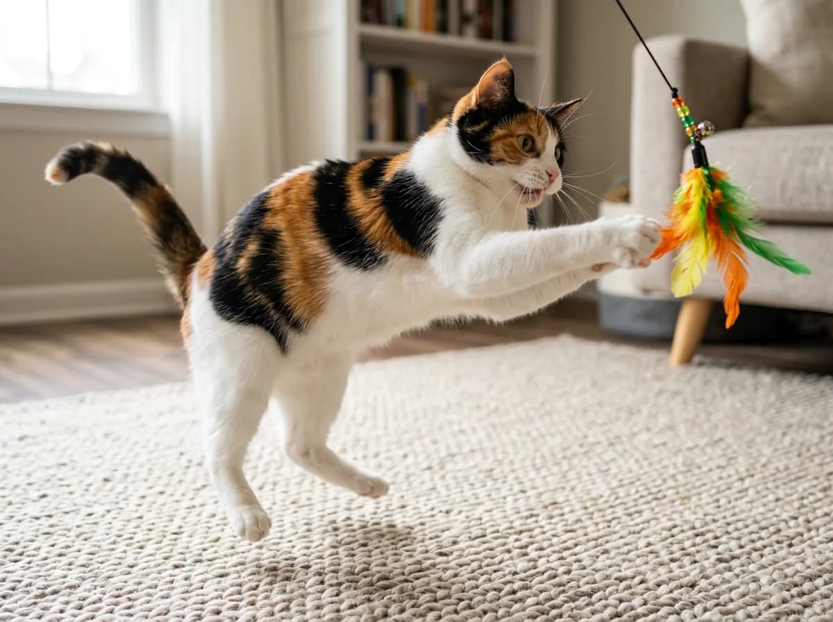 Playful male calico cat rearing up to bat at a dangling feather toy over a living room rug
