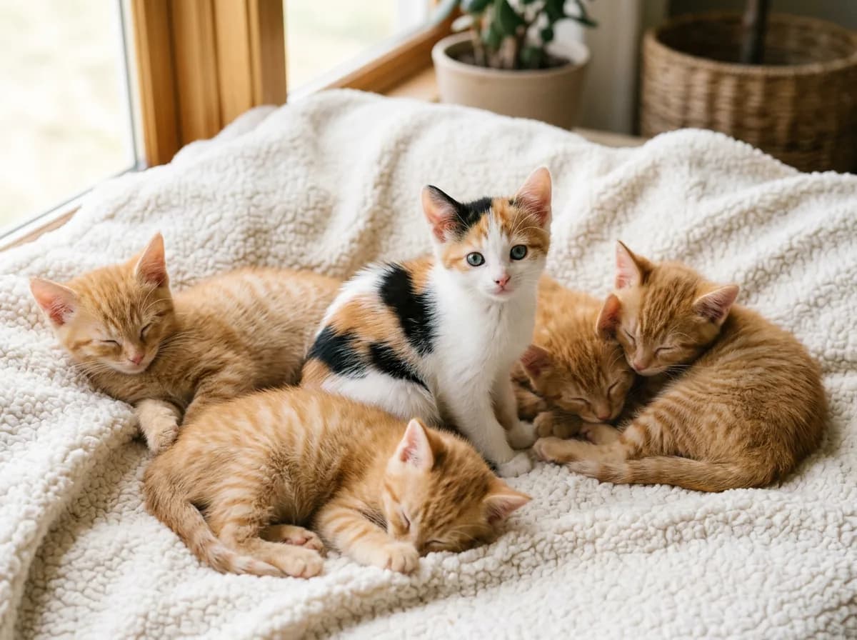 Single calico kitten standing out among a litter of orange tabby kittens on a fleece blanket