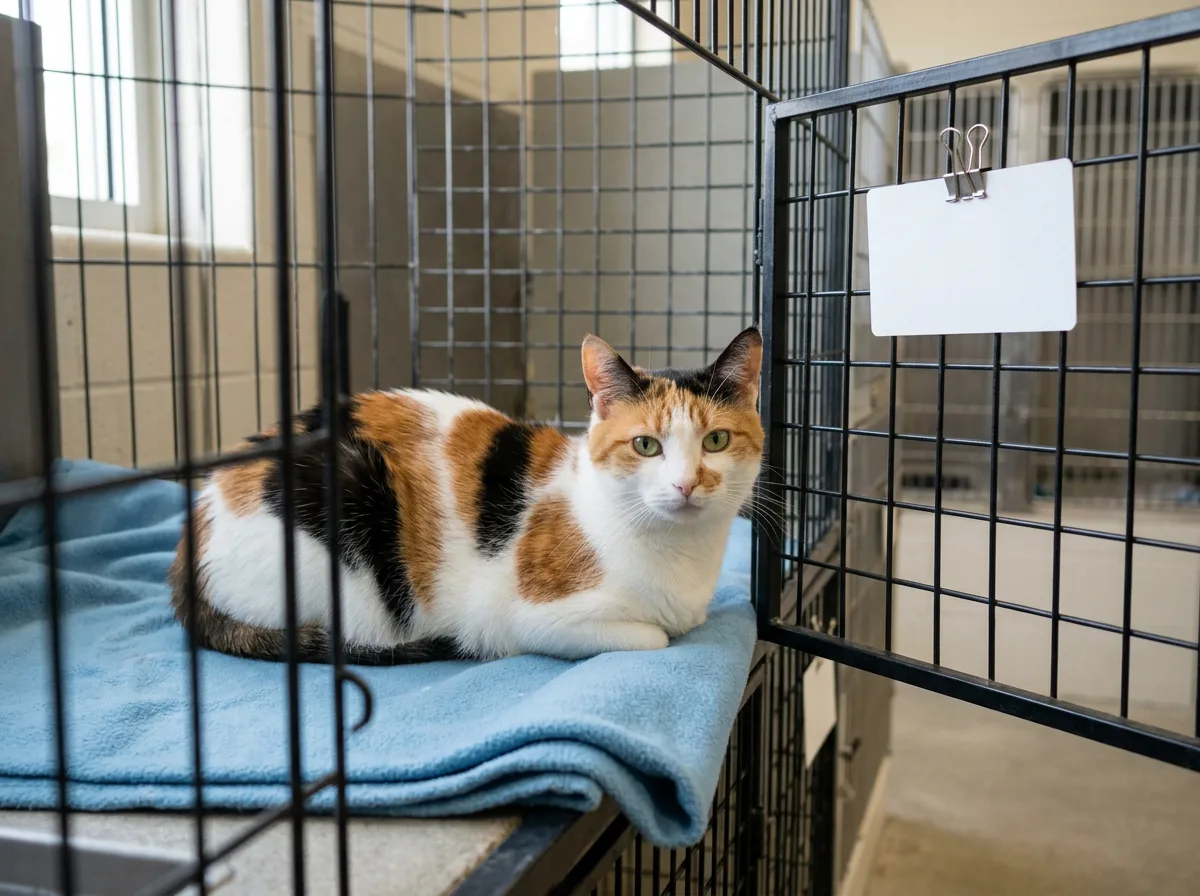 Calico cat resting on a blue blanket in a shelter kennel with a blank card clipped to the door