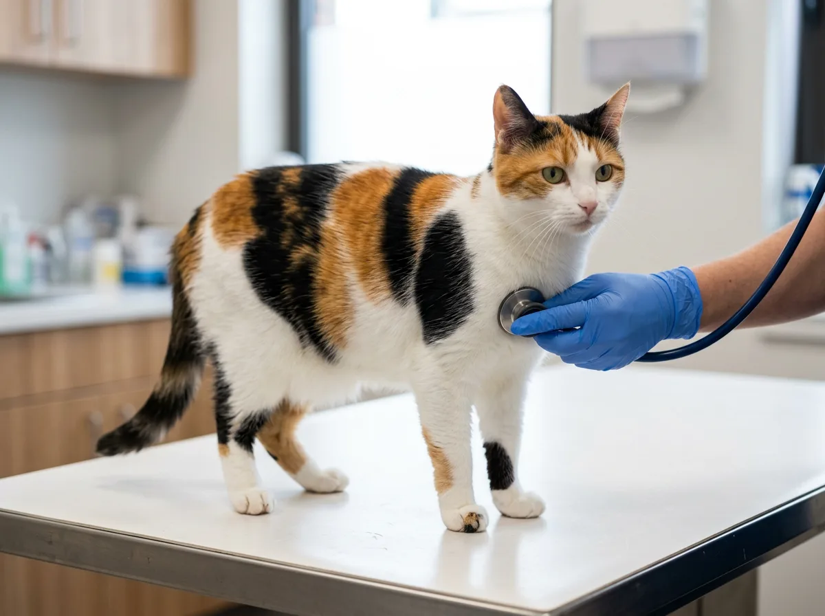 Gloved hand holding a stethoscope to a calico cat's chest on a veterinary exam table