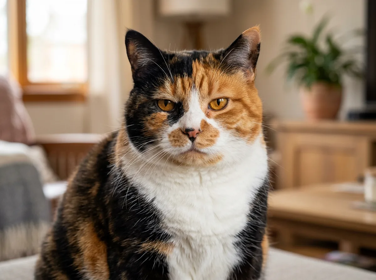 Close-up portrait of a stocky male calico cat with orange, black, and white fur and amber eyes
