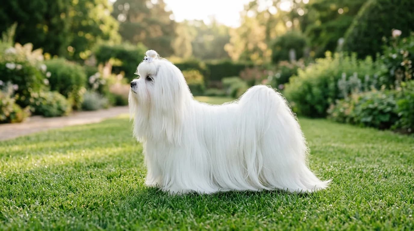 A pristine white adult Maltese with a full floor-length show coat standing in profile on a groomed lawn, morning light