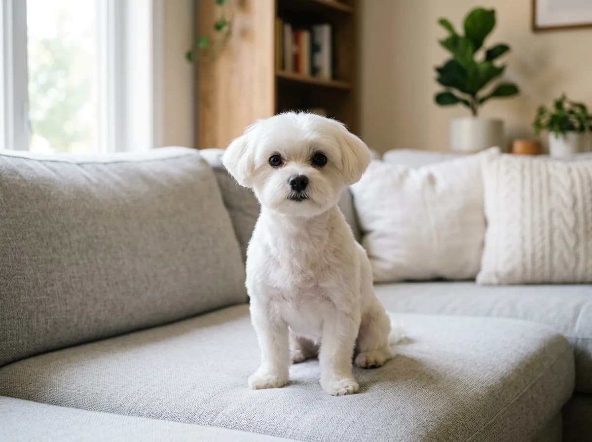A Maltese in a short rounded puppy-cut trim sitting on a light gray sofa, looking directly at the camera with bright dark eyes