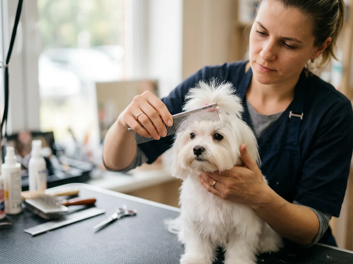 Close-up of a groomer gently combing the face and topknot of a white Maltese, grooming tools on a table in soft focus
