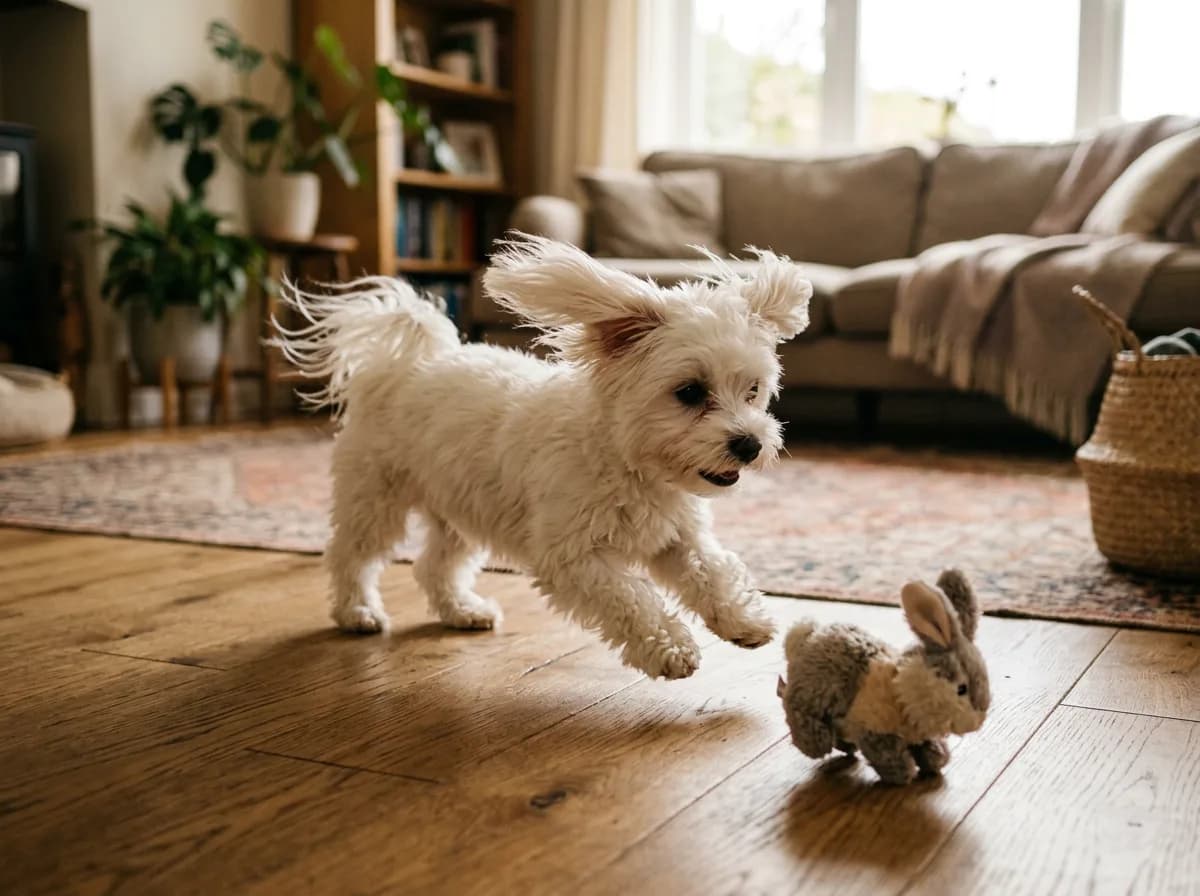 A small white Maltese mid-trot across a living-room floor chasing a soft toy, motion in the ears and coat, warm indoor light