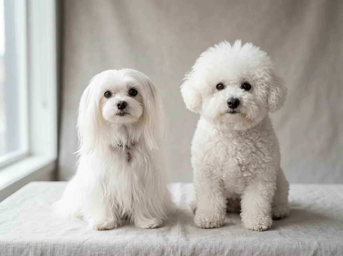 Two small white dogs side by side on a neutral studio backdrop, a straight-coated Maltese on the left and a curly powder-puff Bichon Frise on the righ