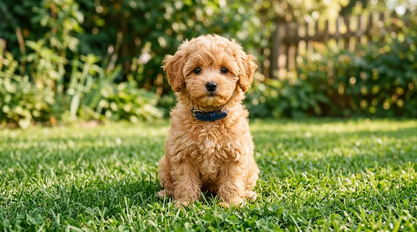 apricot maltipoo puppy sitting upright on green grass in a sunny backyard, full body, front-on portrait