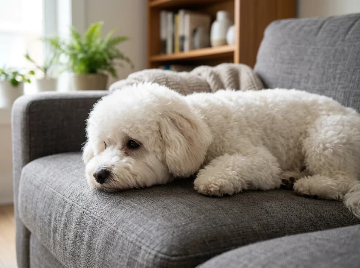 fluffy white adult maltipoo with a rounded teddy bear haircut lying on a grey linen couch indoors, side angle