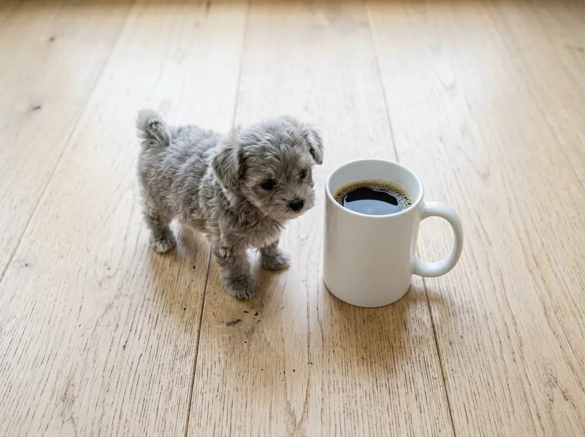 tiny silver-grey teacup maltipoo standing next to a white ceramic coffee mug on a light wood floor to show scale, top-down angle