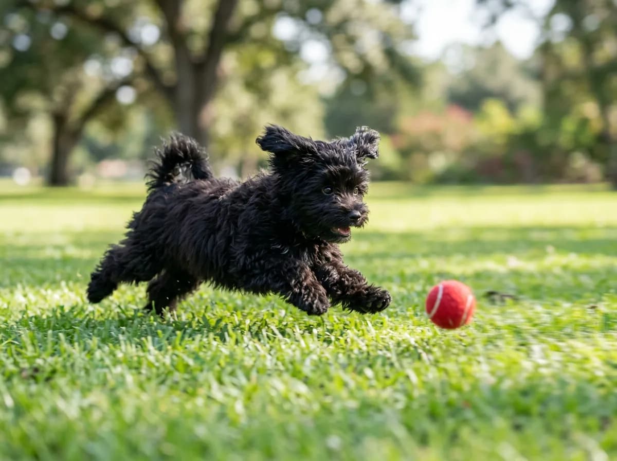 small black maltipoo mid-run across a green park lawn chasing a red ball, motion blur, low camera angle