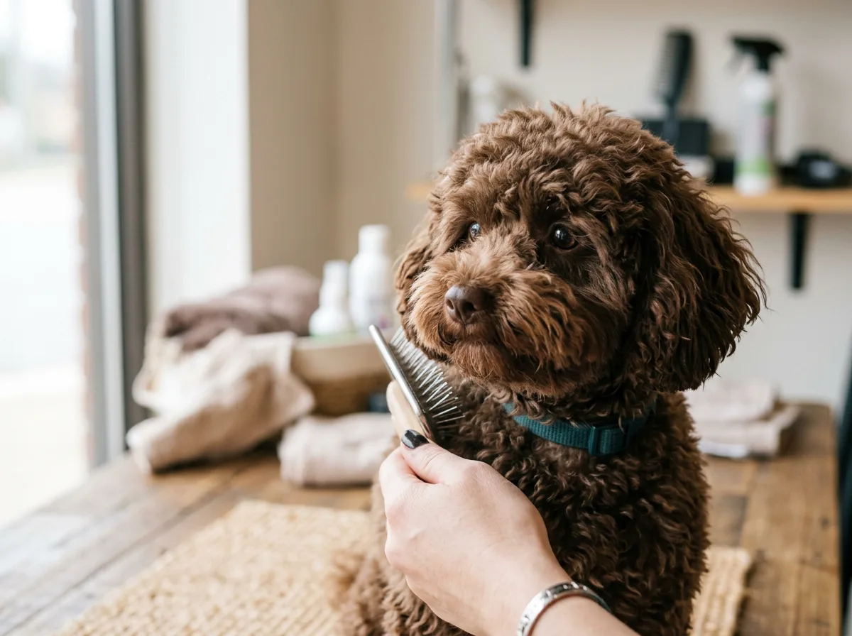 chocolate brown maltipoo being brushed on a grooming table, close-up of the face and shoulders, three-quarter angle, soft studio light