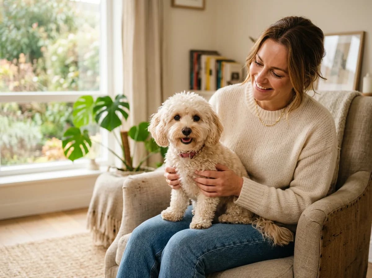 cream maltipoo sitting on the lap of a seated owner in a bright living room, dog looking at camera, warm natural light