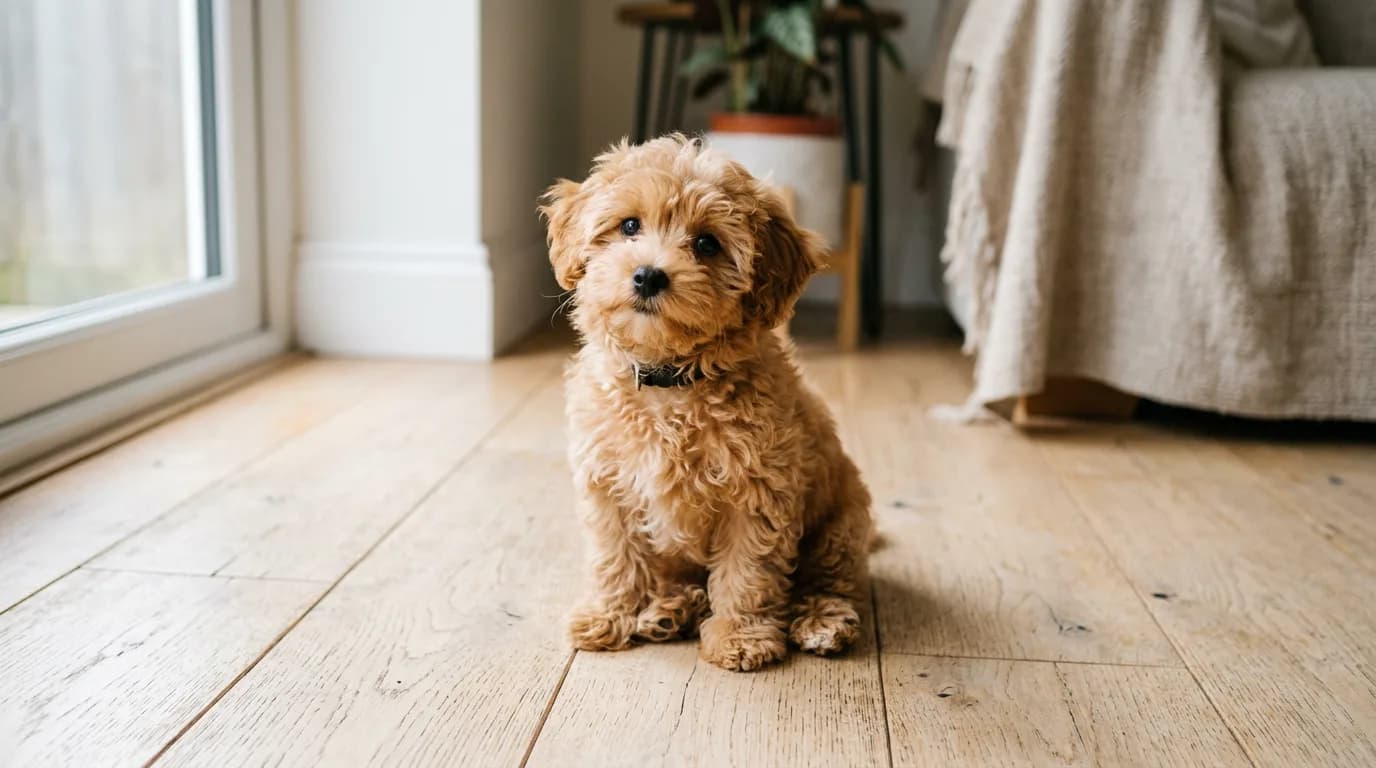 A curly apricot Maltipoo puppy sitting on a pale wood floor, soft daylight from a window, looking up at the camera