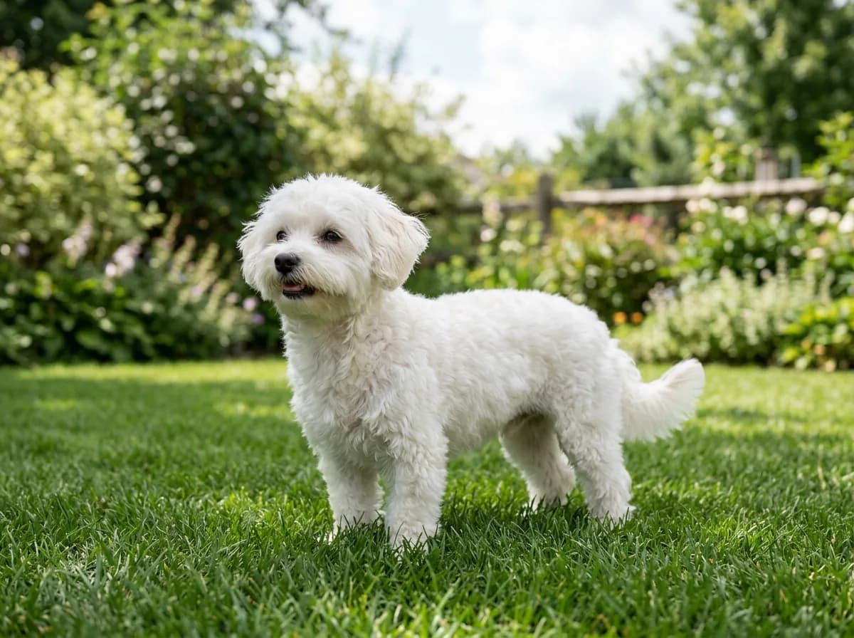 A fluffy solid white Maltipoo standing on green grass in a backyard, bright midday sun, three-quarter side angle