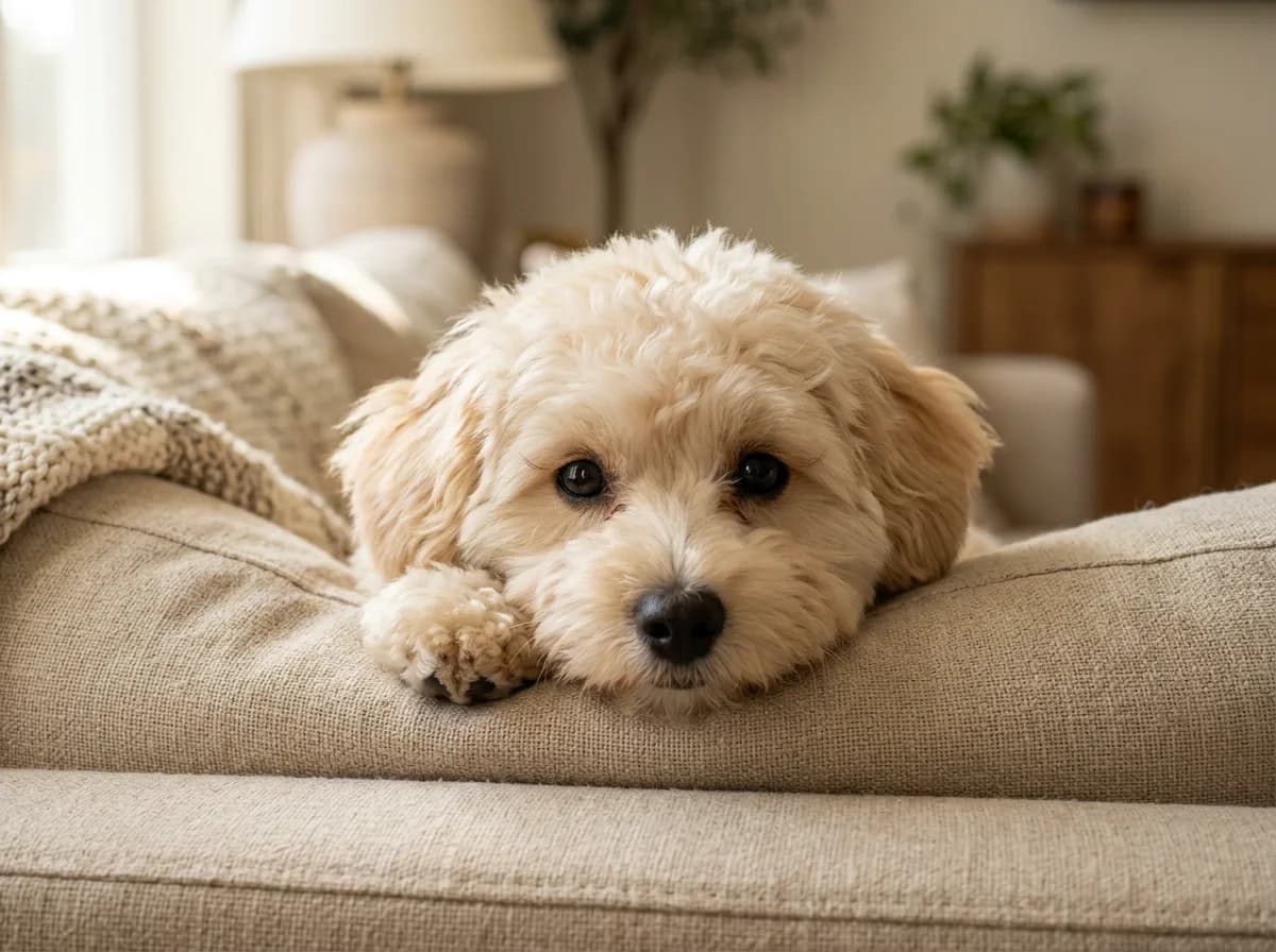 A cream-colored Maltipoo with a rounded teddy-bear face resting on a beige sofa, warm indoor lighting, close head-and-shoulders shot