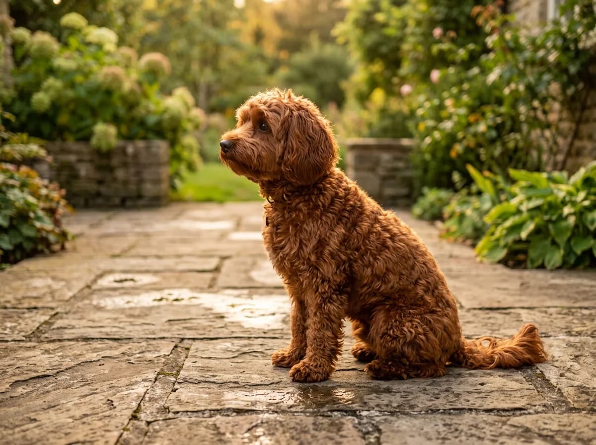 A deep red Maltipoo with a wavy coat sitting on a stone patio, late-afternoon golden light, full-body profile