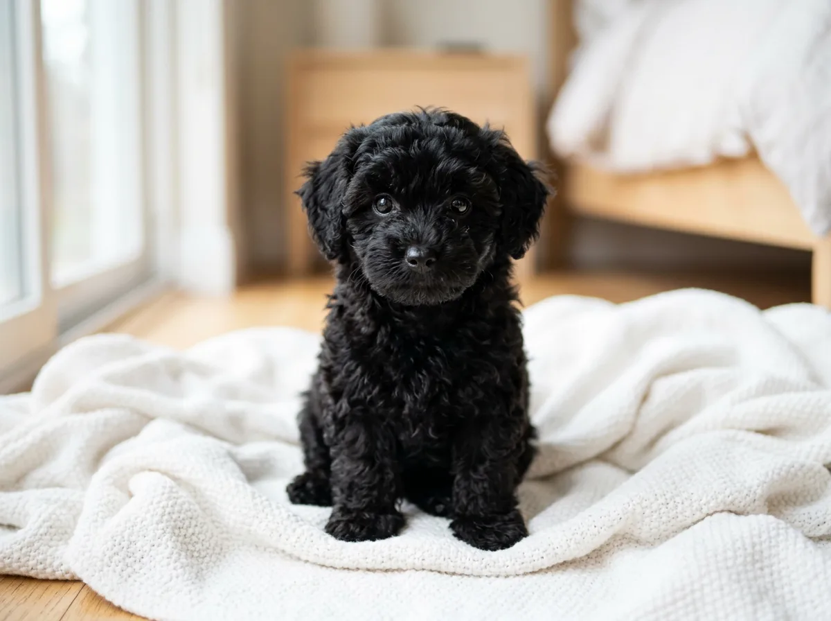 A solid black Maltipoo puppy with dark shiny eyes sitting on a white blanket, soft studio lighting, straight-on portrait