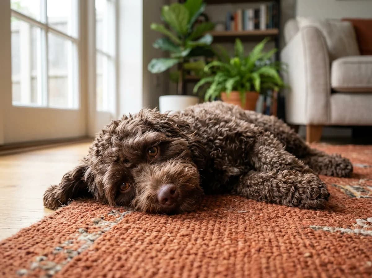 A chocolate brown Maltipoo with a liver-colored nose lying on a rust-colored rug, natural window light, relaxed pose