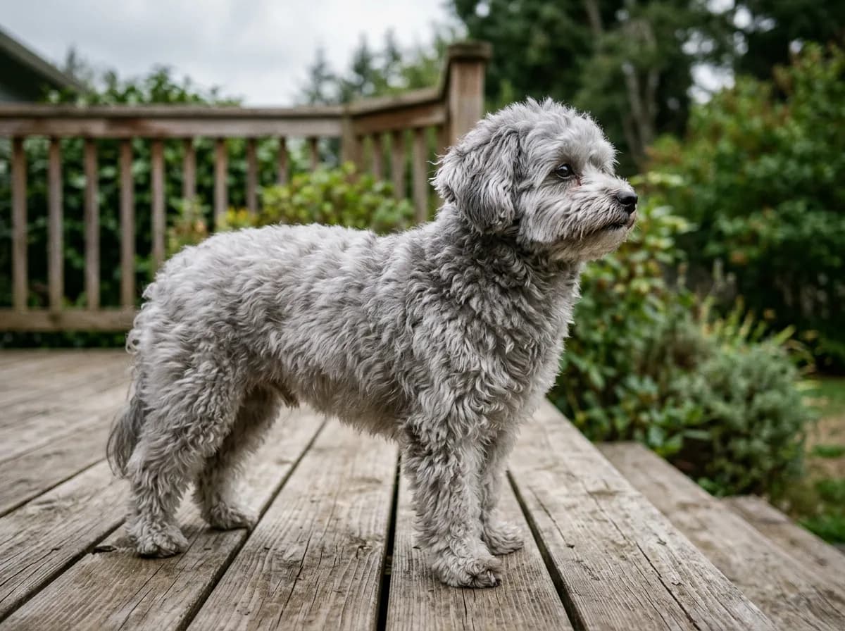 A silver-gray adult Maltipoo with a cloud-like coat standing on a wooden deck, overcast diffused light, alert side view