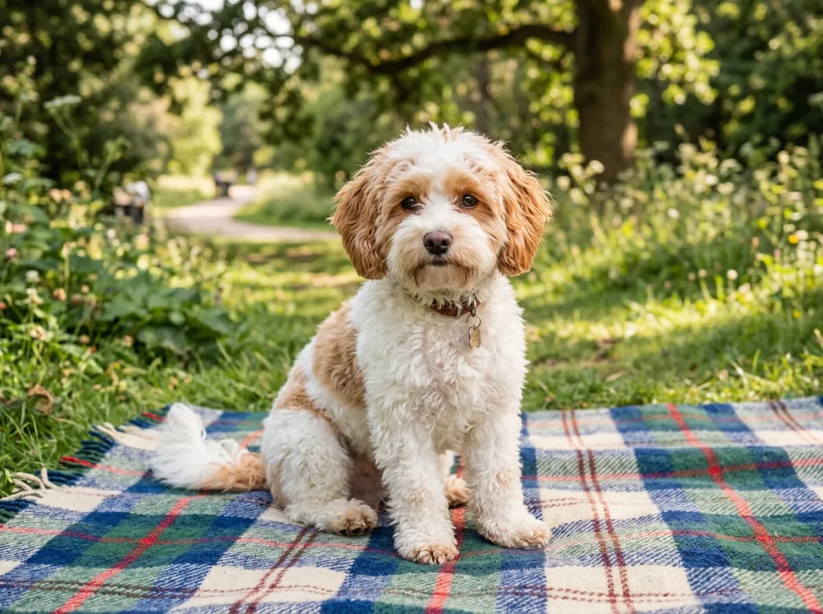 A parti Maltipoo with white and apricot patches over the ears and back, sitting on a picnic blanket outdoors, bright natural light