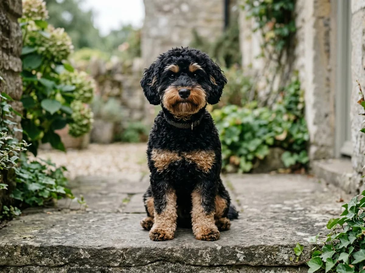 A black-and-tan phantom Maltipoo showing tan eyebrow points and legs, sitting on a gray step, soft even lighting, front-facing