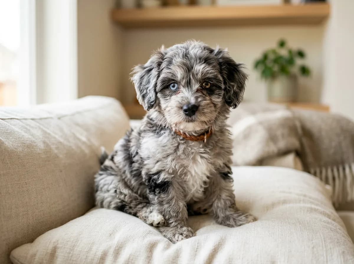 A blue merle Maltipoo puppy with marbled gray patches and one light-blue eye, sitting on a soft cream cushion, gentle indoor light