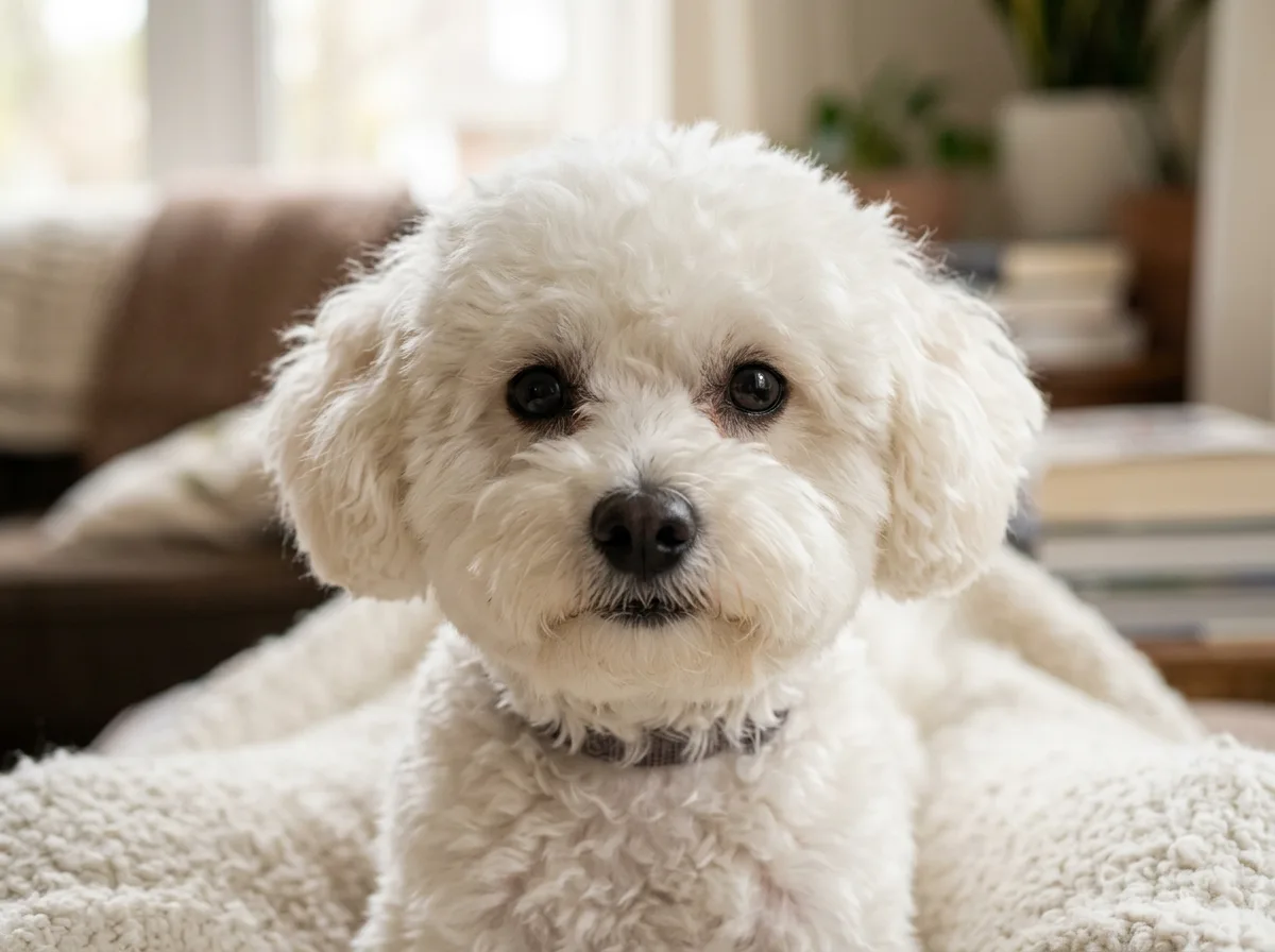 white Maltipoo in a classic teddy bear cut, head-on close-up showing the round plush face and dark button eyes