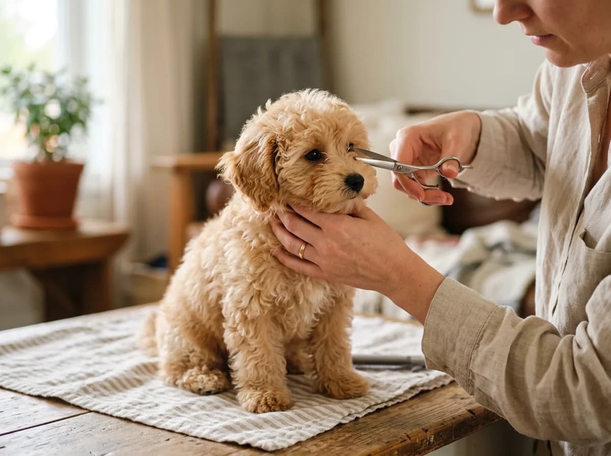 apricot Maltipoo puppy having the hair around its eyes trimmed with round-tip safety scissors, close-up, owner's hands steady