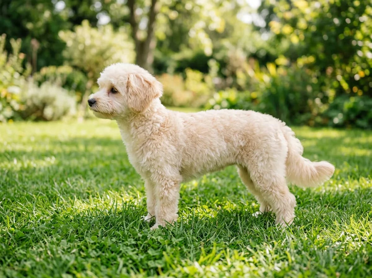 cream Maltipoo in a short even puppy cut standing in profile on green grass, full body visible, bright daylight