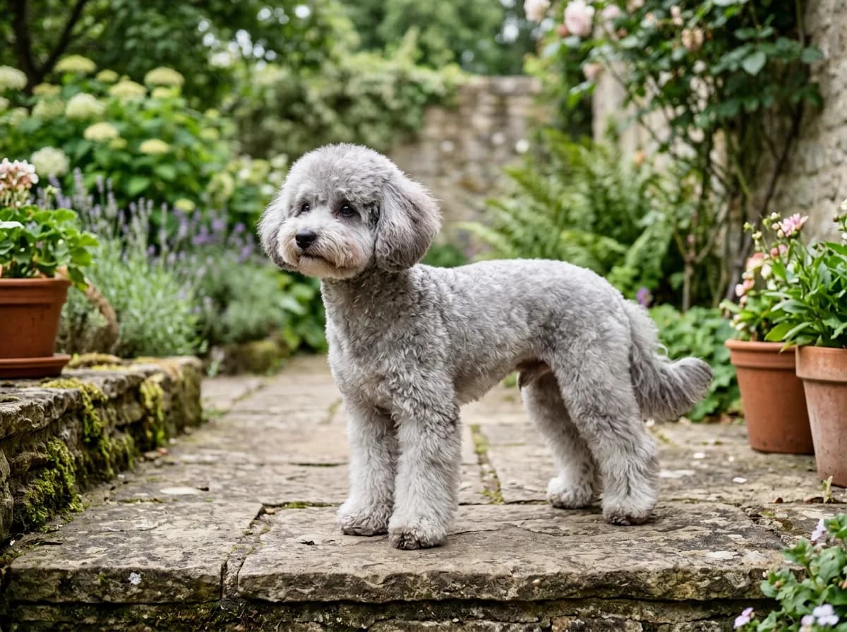 silver-grey Maltipoo in a lamb cut with a short body and fuller legs, three-quarter side angle, standing on a patio