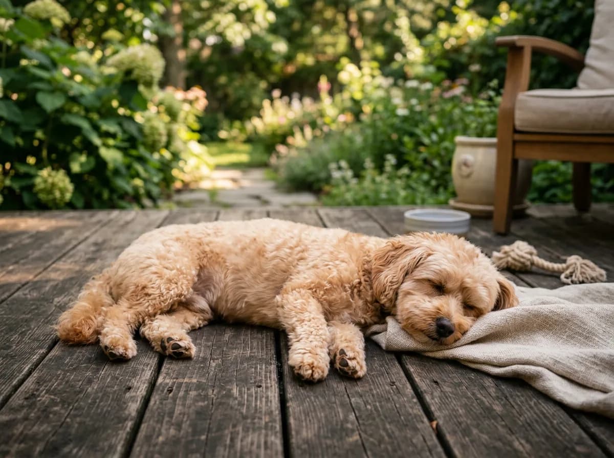 apricot Maltipoo in a short kennel summer cut lying on a shaded deck, full body, relaxed, warm afternoon light