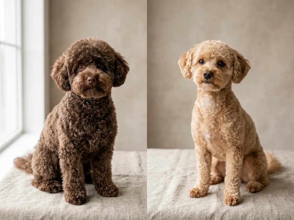side-by-side of a chocolate Maltipoo in a round teddy bear cut and a tan Maltipoo in a short puppy cut on a neutral studio backdrop